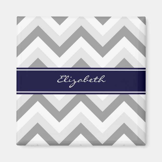 Lt Gray Med Gray White Zickzack Navy Name Monogram Magnet (Vorne)