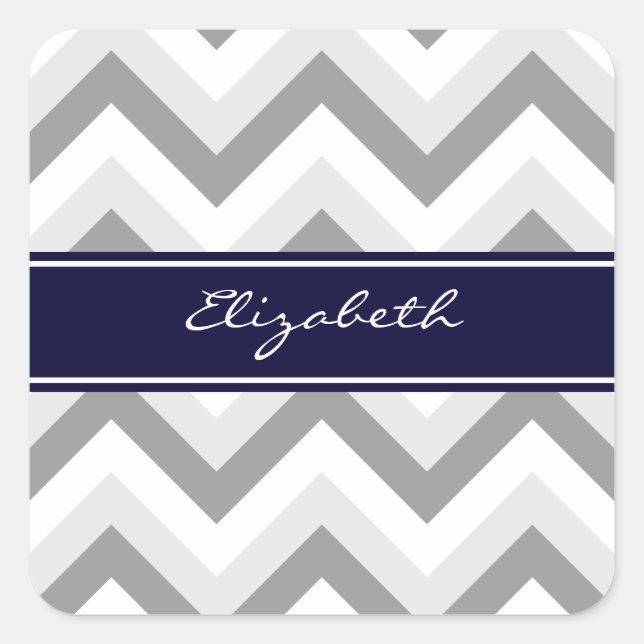 Lt Gray Med Gray White Zickzack Navy Name Monogram Quadratischer Aufkleber (Vorderseite)