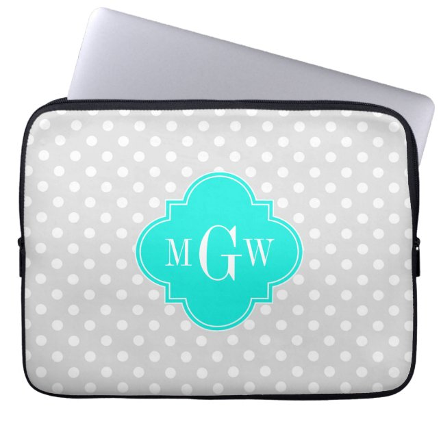 Lt Gray Polka Dots Brt Aqua Quatrefolie 3 Monogram Laptopschutzhülle (Vorderseite)