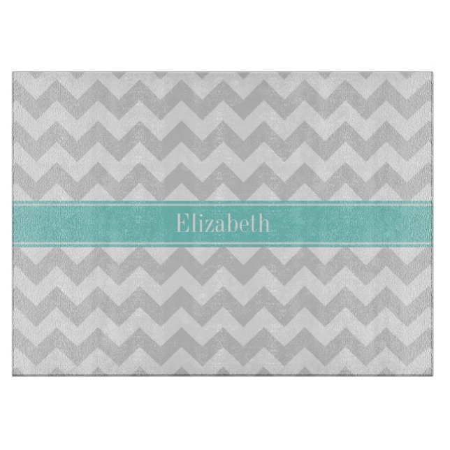 Lt Gray Welch Zickzack ZigZag Aqua Name Monogramm Schneidebrett (Vorderseite)