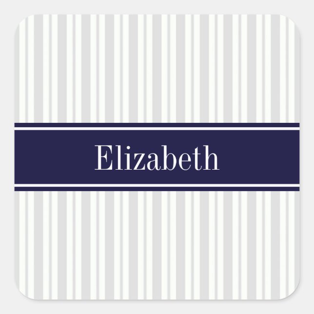 Lt Gray What Uneven Stripe Navy Blue Name Monogram Quadratischer Aufkleber (Vorderseite)