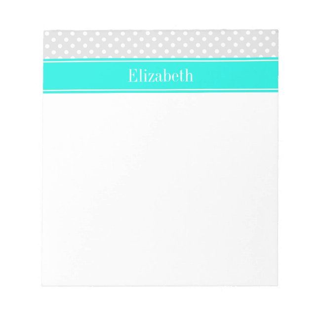 Lt Gray White Polka Dots Brt Aqua Ribbon Monogram Notizblock (Vorderseite)