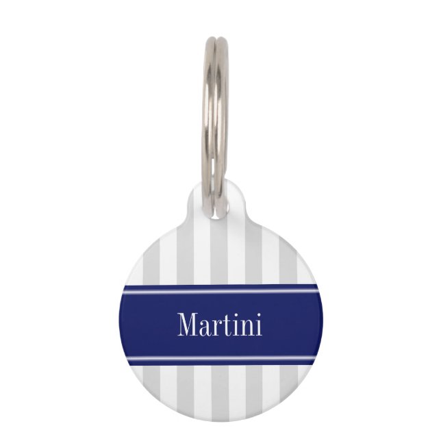 Lt Gray White Strip Navy Blue Name Monogram Haustiermarke (Vorderseite)