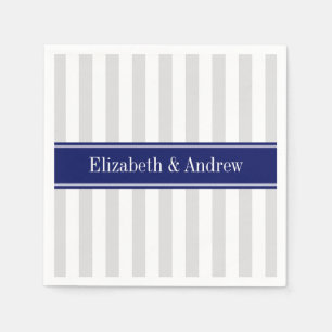 Lt Gray White Strip Navy Blue Name Monogram Serviette