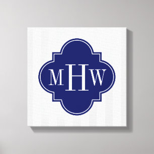 Lt Gray White Strip Navy Quatrefolie 3 Monogramm Leinwanddruck