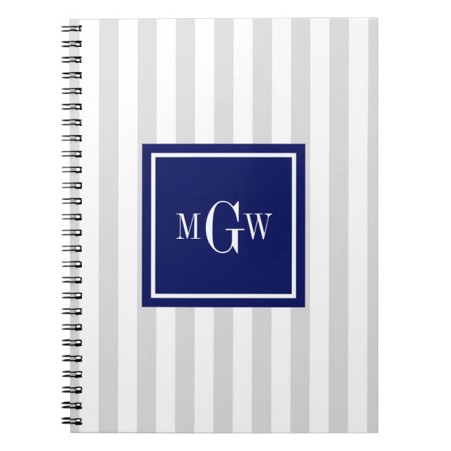 Lt Gray White Strip Navy Square 3 Monogramm Notizblock (Vorderseite)