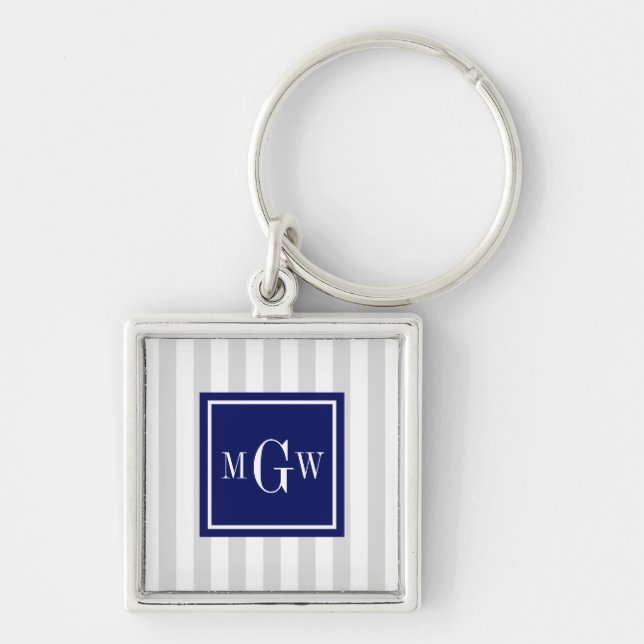 Lt Gray White Strip Navy Square 3 Monogramm Schlüsselanhänger (Vorne)
