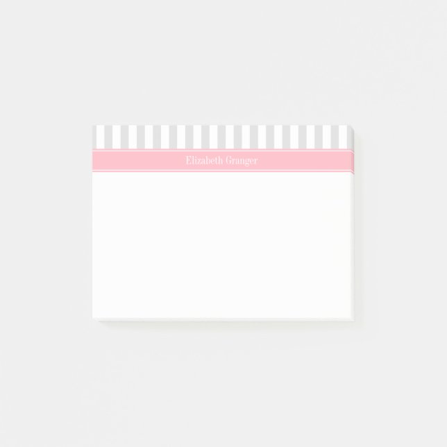 Lt Gray White Strip Pink Name Monogram Post-it Klebezettel (Vorderseite)