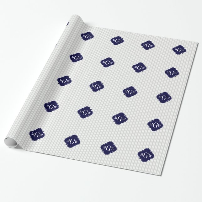Lt Grey Whey UE Stripe Navy Quatrefolie 3 Monogram Geschenkpapier (Ungerollt)