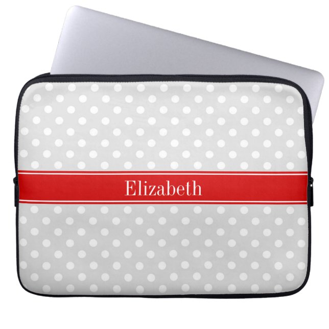 Lt Grey White Polka Dots Red Name Monogram Laptopschutzhülle (Vorderseite)