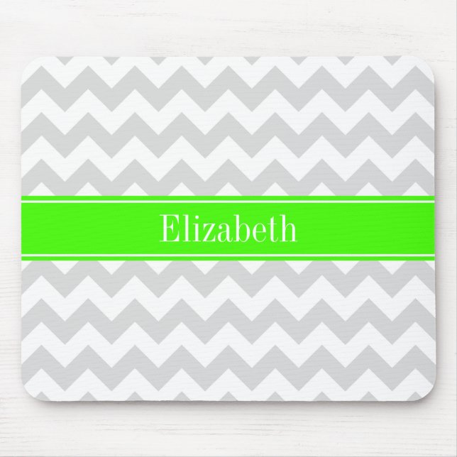 Lt Grey White Zickzack Lime Green Name Monogram Mousepad (Vorne)