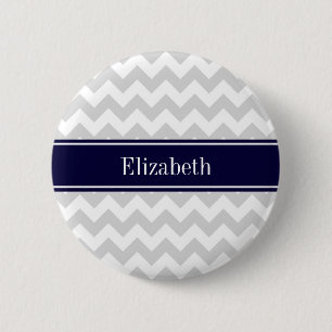 Lt Grey White Zickzack Navy Blue Name Monogram Button