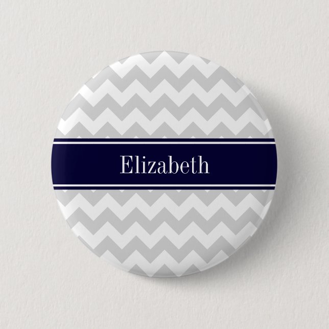 Lt Grey White Zickzack Navy Blue Name Monogram Button (Vorderseite)