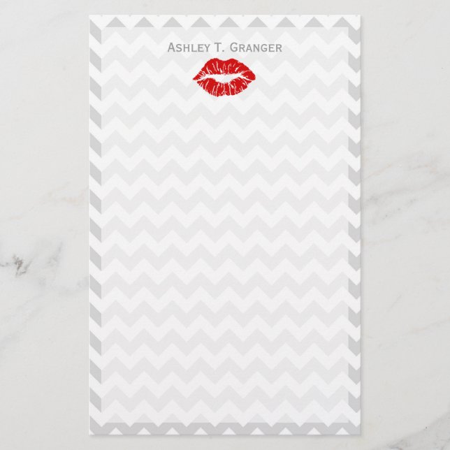 Lt Grey White Zickzack, Red Lipstick Kiss Briefpapier (Vorderseite)