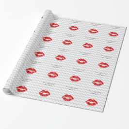 Lt Grey White Zickzack, Red Lipstick Kiss Geschenkpapier