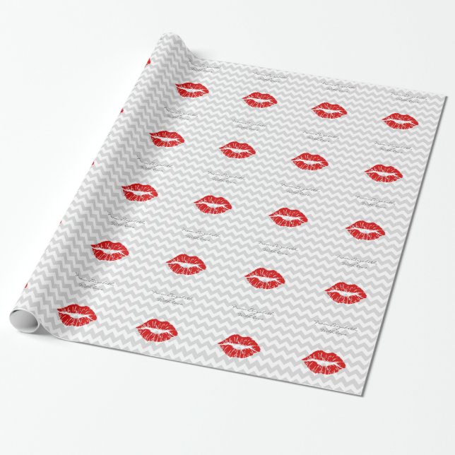 Lt Grey White Zickzack, Red Lipstick Kiss Geschenkpapier (Ungerollt)
