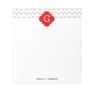 Lt Grey White Zickzack Red Quatrefoil Monogramm Notizblock