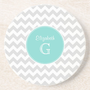 Lt Grey White Zickzack Rnd Aqua Name Monogram Untersetzer