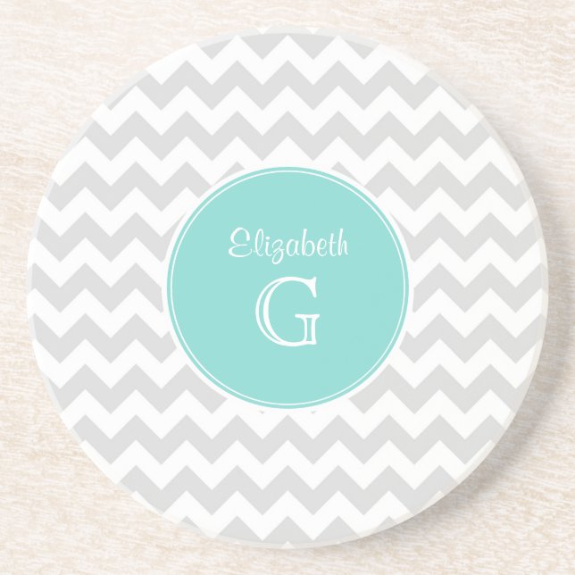 Lt Grey White Zickzack Rnd Aqua Name Monogram Untersetzer (Vorne)
