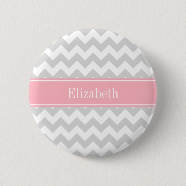 Lt Grey White Zickzack Zigzag Pink Name Monogram Button (Vorderseite)