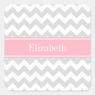 Lt Grey White Zickzack Zigzag Pink Name Monogram Quadratischer Aufkleber