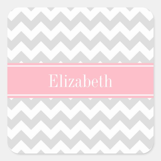 Lt Grey White Zickzack Zigzag Pink Name Monogram Quadratischer Aufkleber (Vorderseite)