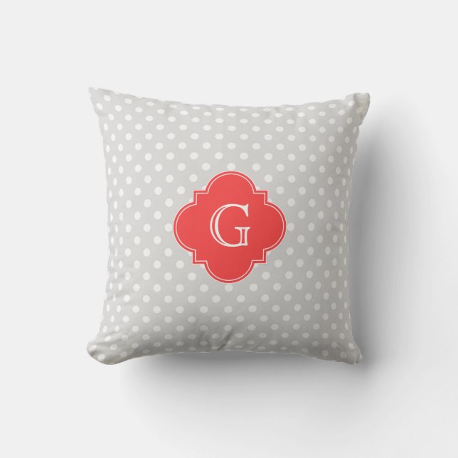 Lt Grey Wt Polka Dot Coral Red Quatrefolie Monogra Kissen (Vorderseite)