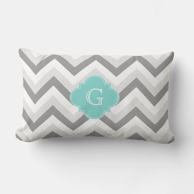 Lt Two Grey White Zickzack Aqua Monogram Lendenkissen (Vorderseite)