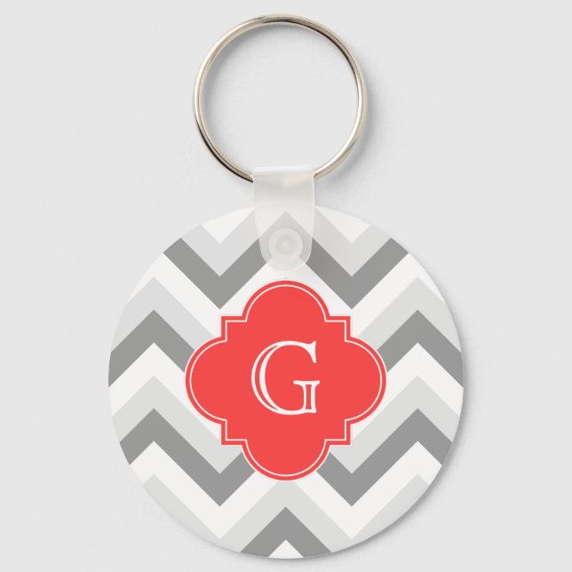 Lt Two Grey WhZickzack SQ Coral Red Name Monogram Schlüsselanhänger (Vorderseite)