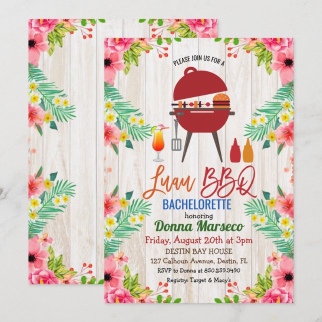 Luau Aloha GRILLEN Tropical Bachelorette Einladung (Vorne/Hinten)