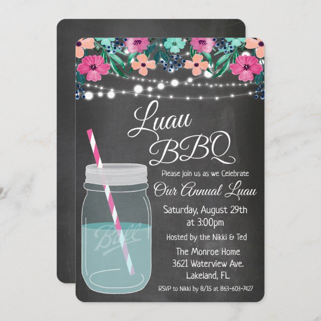 Luau Aloha Mason Jar Einladung (Vorne/Hinten)