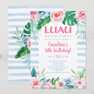 Luau Beach Party Tropical Floral Hawaiian Geburtst Einladung