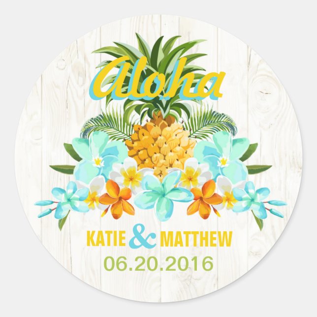 Luau Beach Tropical Floral Wedding Label Runder Aufkleber (Vorderseite)