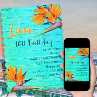 Luau Birthday Party Blue Wood Tropical Blume Einladung