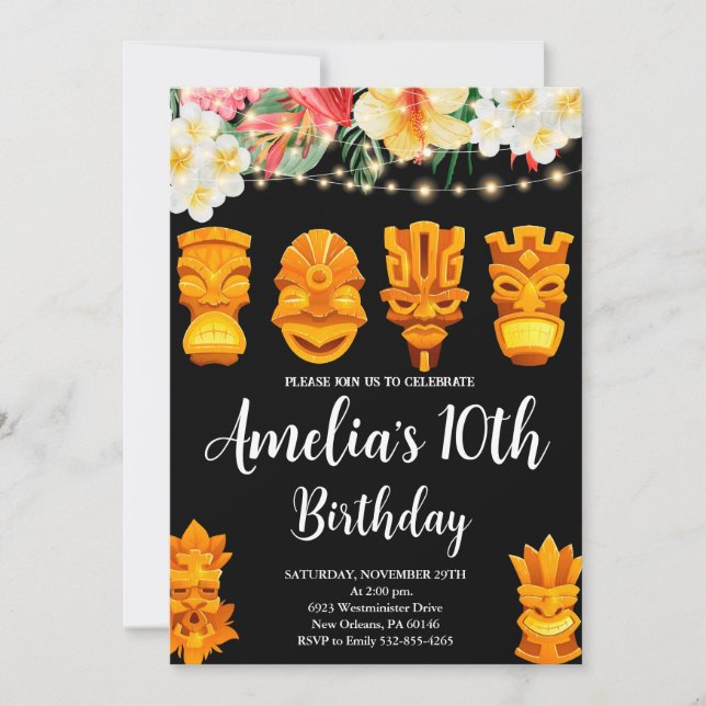 Luau Birthday, Tiki Mask Party, Aloha, Tropical Einladung (Vorderseite)