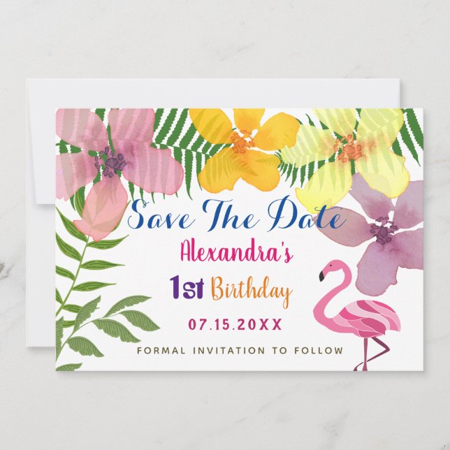 Luau Flamingo 1. Geburtstag Save The Date (Vorderseite)