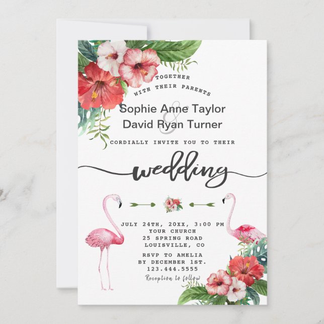 Luau Flamingo Tropical Floral Handwriting Wedding Einladung (Vorderseite)