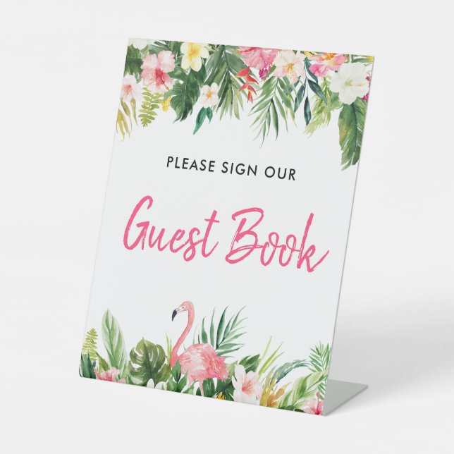 Luau Flamingo Tropical Sign Our Gusetbook Zeichen Sockelschild (Vorderseite)