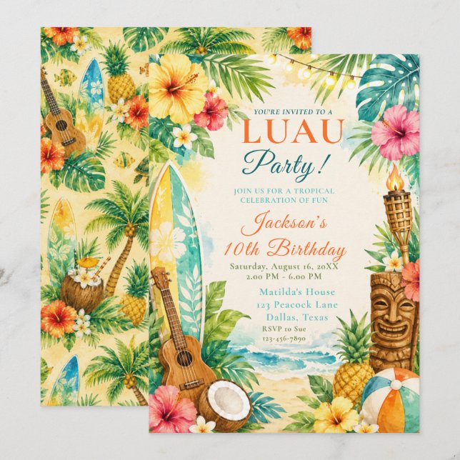 Luau-Geburtstagsfeier Einladung (Vorne/Hinten)