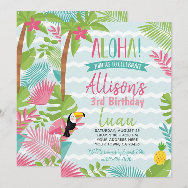 Luau Hawaiian Geburtstag Einladung (Vorne/Hinten)