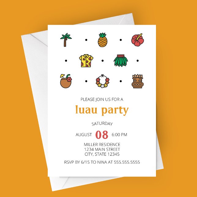 Luau Line Icons Party Einladung (Luau Party Invitation | Minimalist Modern Luau Line Icons )