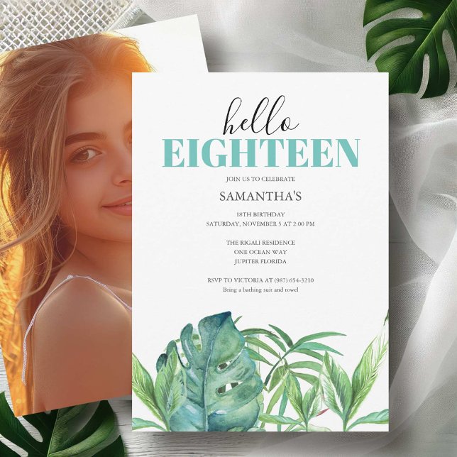 Luau Party Einladungen Aquarell 18. Geburtstag (18th birthday invitations watercolor tropical palm leaf art by Victoria Grigaliunas Do Tell A Belle)