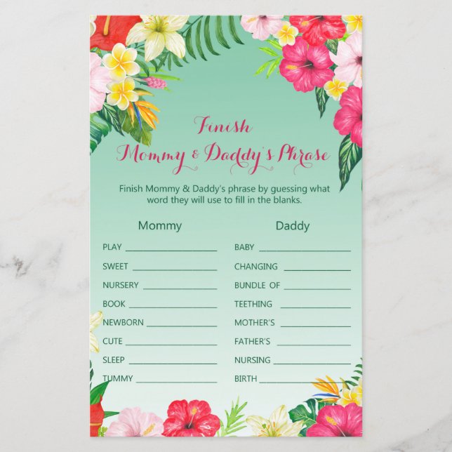 Luau Tropical Baby Shower Game PRINTED (Vorderseite)