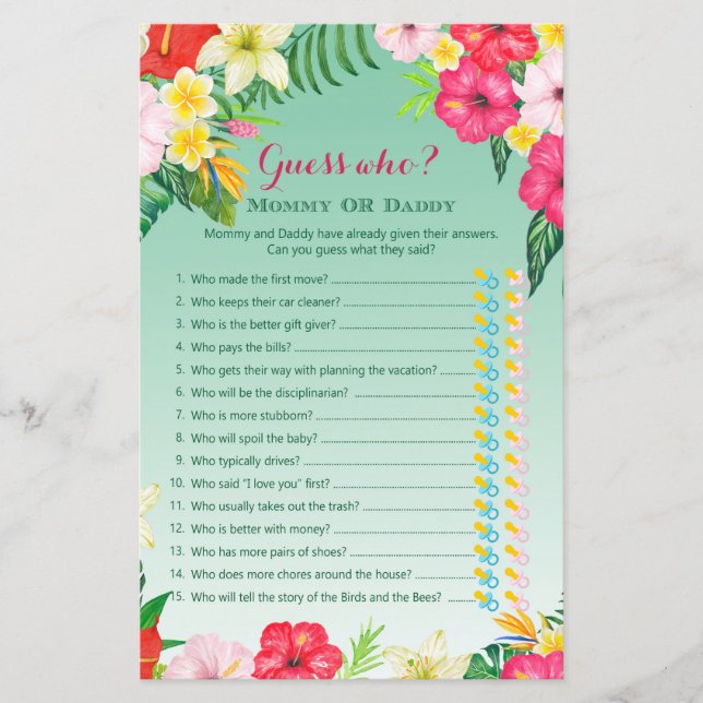 Luau Tropical Baby Shower Game PRINTED (Vorderseite)