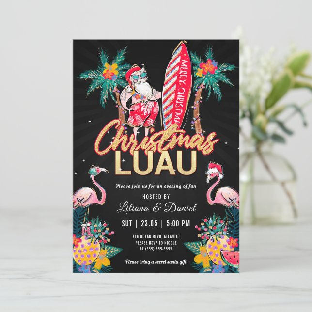 Luau Tropical Christmas Party Einladung Card (Stehend Vorderseite)