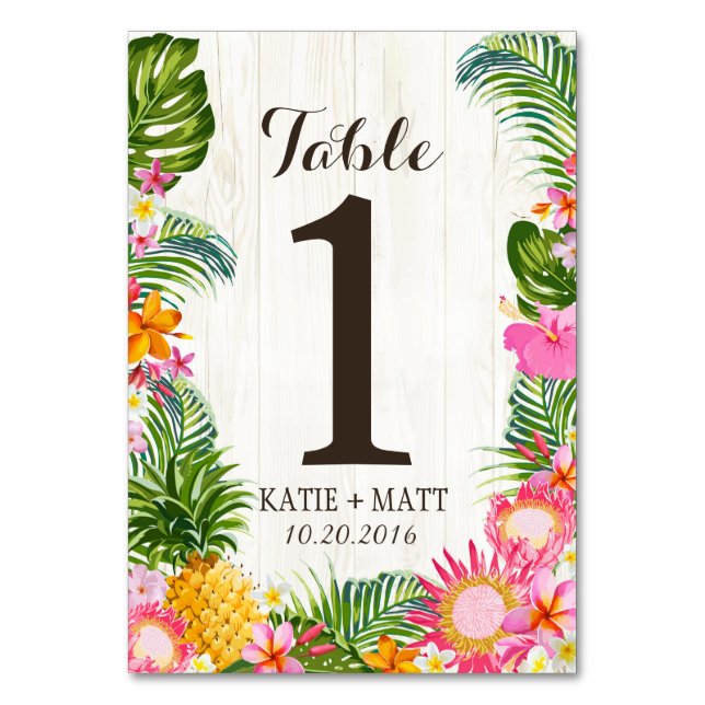 Luau Tropical Floral Rustic Wood Tischnummer (Vorderseite)