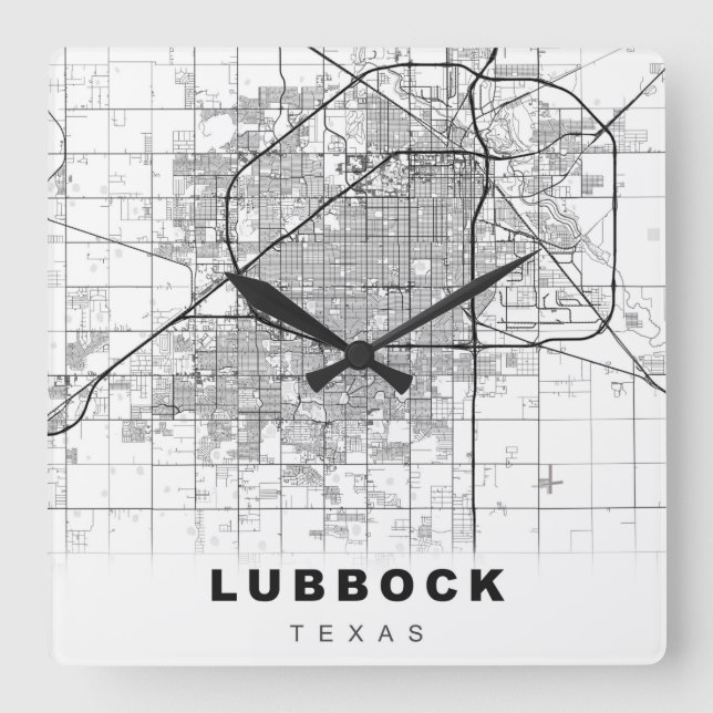 Lubbock Map Quadratische Wanduhr (Vorderseite)