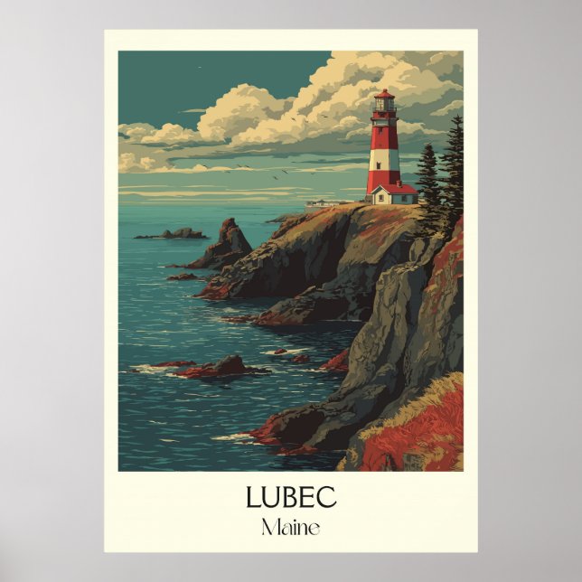 Lubec Maine Vintages Leuchtturm Küstenstrasse Kuns Poster (Vorne)