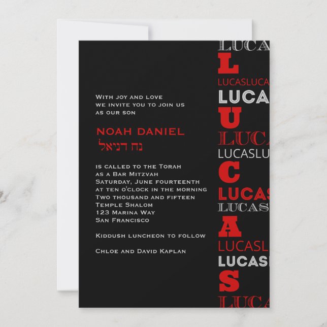 Lucas Cool Moderne Bar Mitzvah Einladung Red Black (Vorderseite)