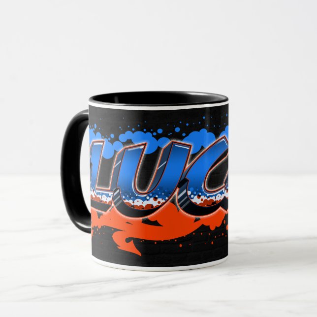 Lucas Vorname Name Graffiti blue orange Tasse (Vorderseite Links)